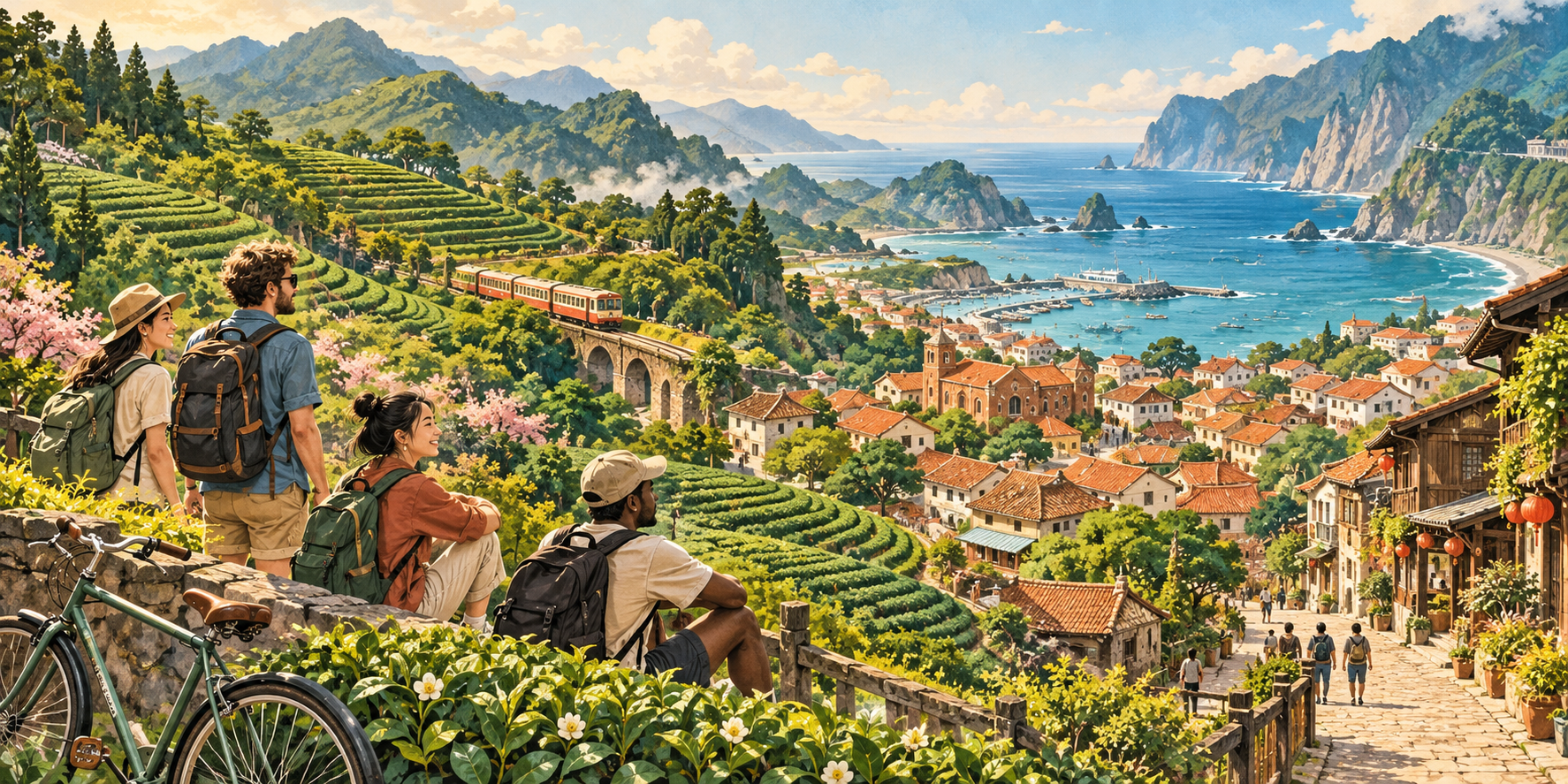 來自不同國家的旅人探索台灣山城、茶園與海岸的概念插畫