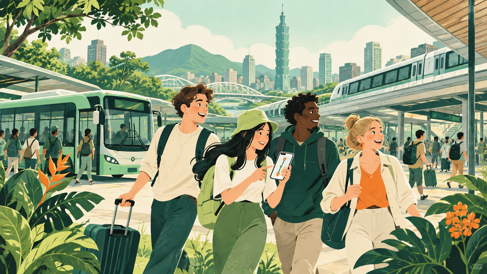 國際旅客帶著行李,在台灣的公車與捷運間使用手機查看路線