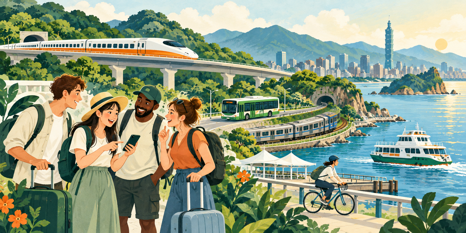 火車、公車、自行車與渡輪,以及討論旅程的國際旅人概念插畫